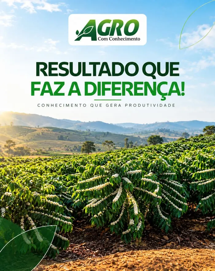 Lavoura de café em produção, com a marca Agro com Conhecimento. Texto na imagem: Resultado que faz a diferença — conhecimento que gera produtividade.